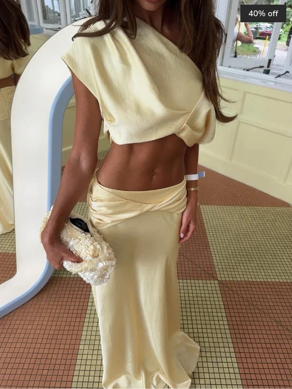 Yellow crop off the shoulder maxi skirt two piece